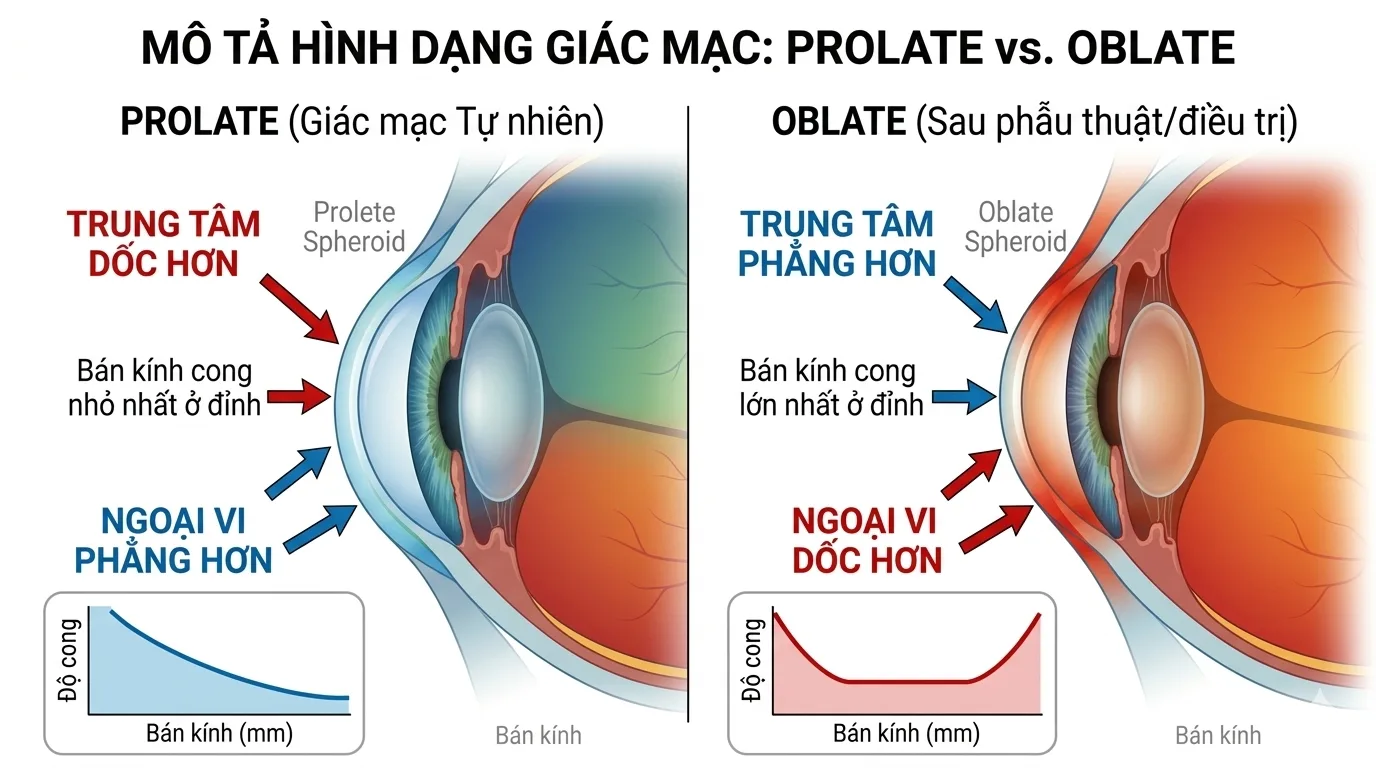 Mô tả hình dạng giác mạc Prolate vs Oblate sau LASIK